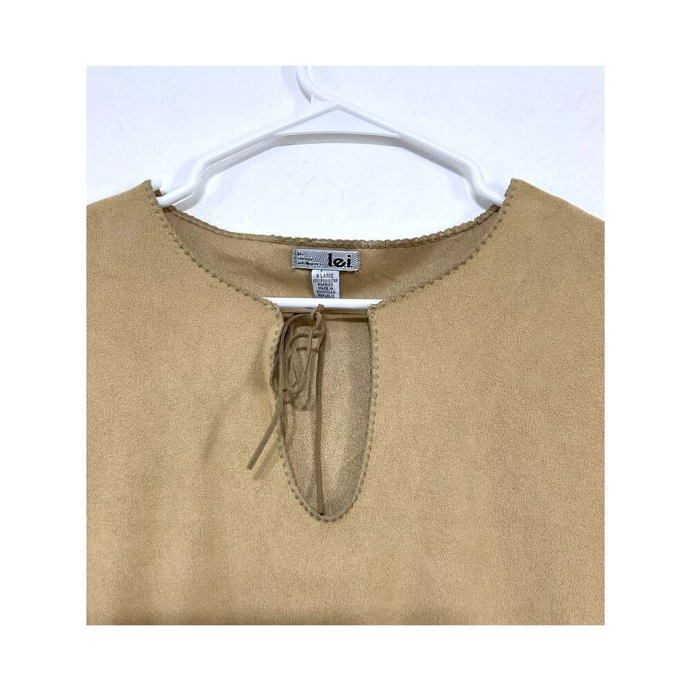 Vintage 90s/Y2K Faux Suede Tan Keyhole Top Flare Sleeves Size X-Large - Picture 3 of 5